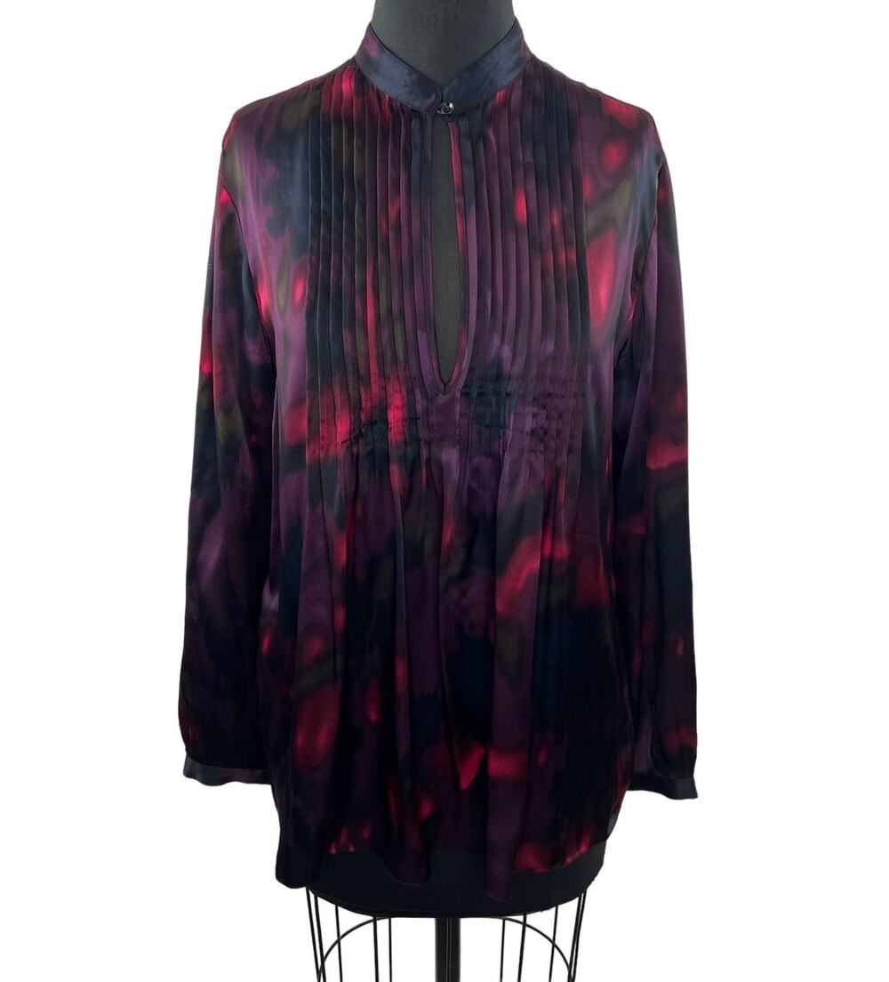 THEORY Purple Black Watercolor Vague Silk Pleated Keyhole Long Sleeve Blouse L